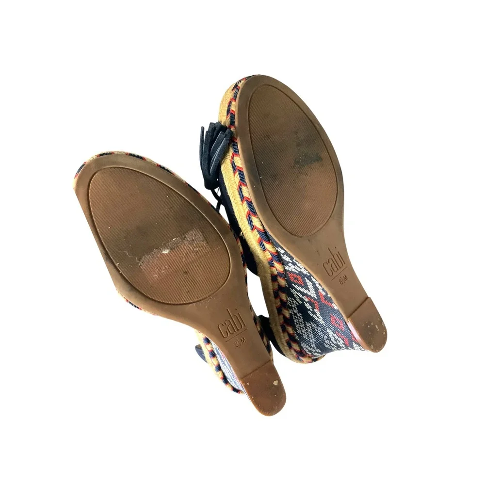 Cabi Navy Blue Lace Up Tassel Wedge Espadrille‎ Sandals Women's 8.5M Boho Summer